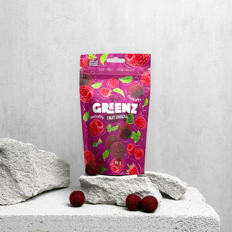 Vaisių užkandžiai su avietėmis „Greenz", 80g