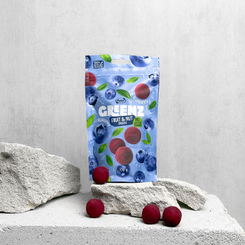 Vaisių ir riešutų užkandžiai su mėlynėmis „Greenz", 100g