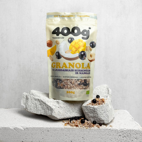 400g* Granola su juodaisiais serbentais ir mangais, 200g