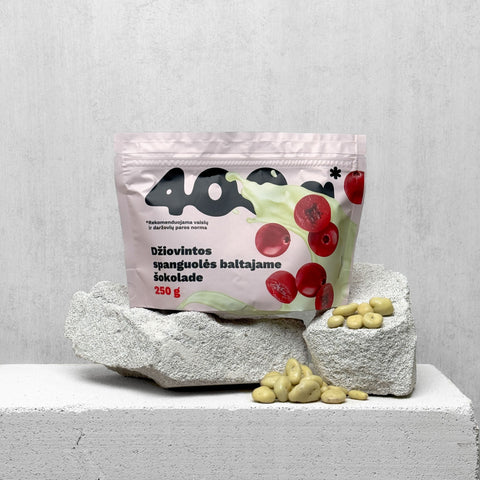 Džiovintos spanguolės baltajame šokolade, 250 g