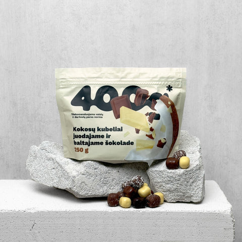 Kokosų kubeliai juodajame ir baltajame šokolade, 250 g